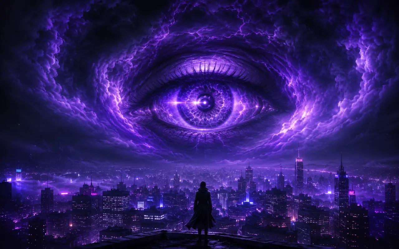 AI film frame — surreal glowing eye above a neon city